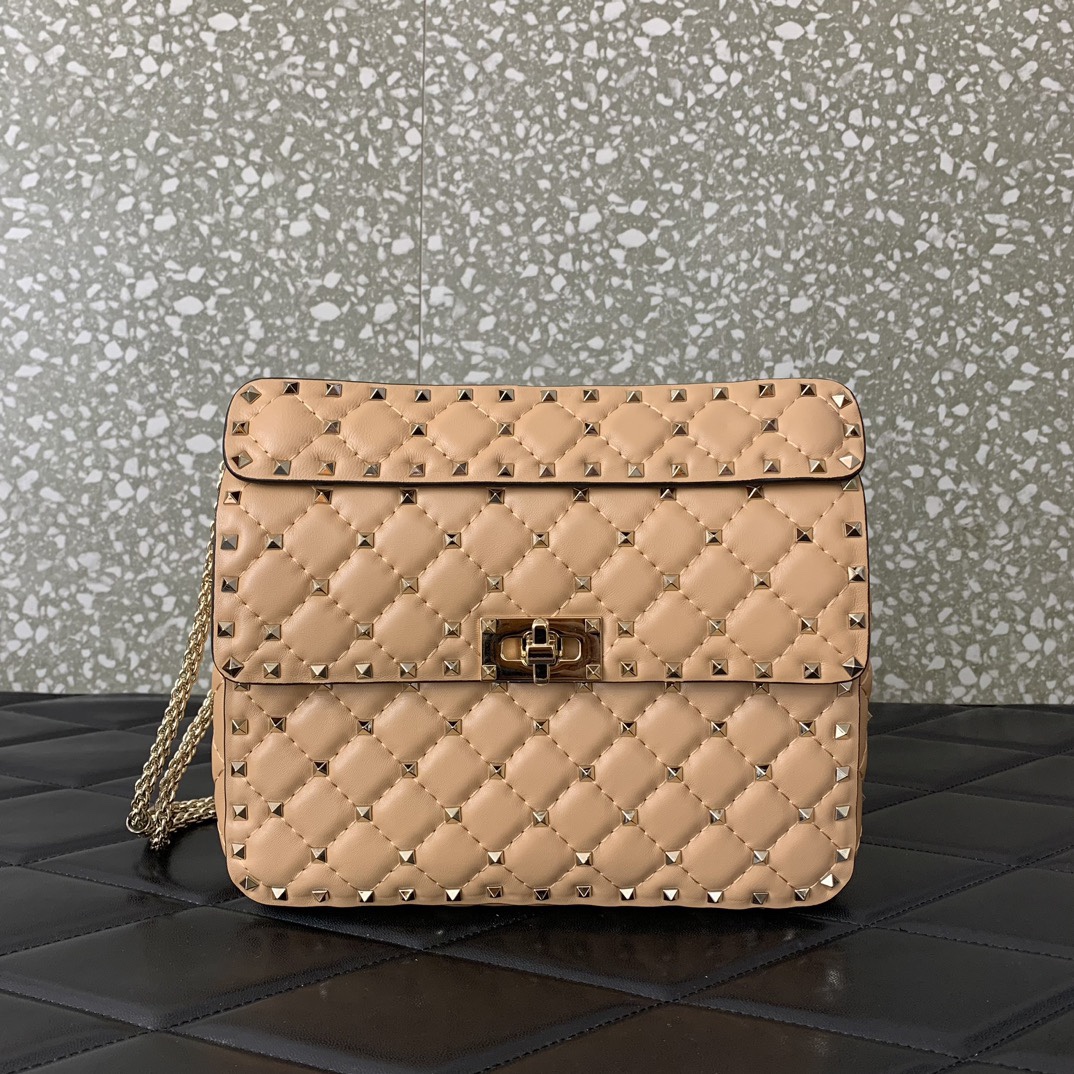 Valentino Garavani Rockstud Spike Medium Chain Bag in Apricot Supple Lambskin Nappa